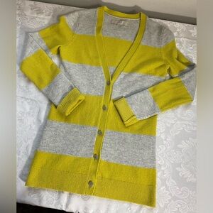 Loft Women’s Grey Yellow Horizontal Striped V‑Neck Button Cardigan Size Small